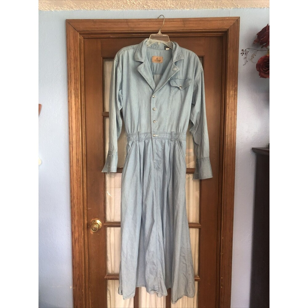 Vintage Lizwear Light Denim Chambray Maxi Dress, 80s, Pockets, Button-Up, Size L
